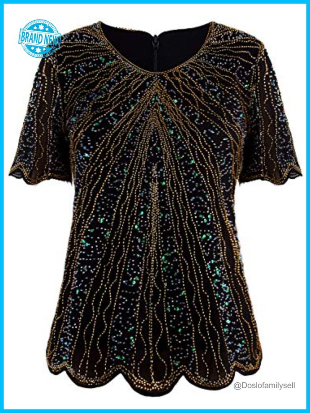 Vijiv Beaded Chiffon Evening Top Sequin Scalloped Hem Blouse